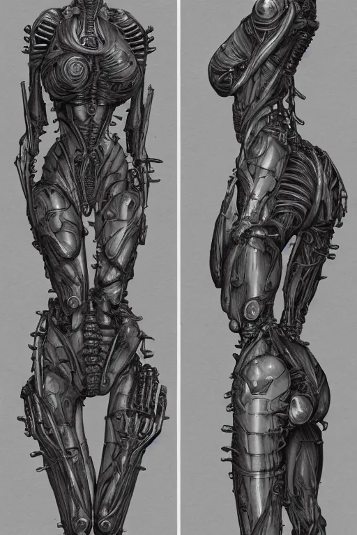 Image similar to cyborg mermaid with gunmetal grey skin, medical anatomy, very symmetrical face, highly detailed, mecha, three - perspective / three - view reference sheet ( front / back / side ), in the style of james gurney, dan ouellette, hr giger, sil from species, dren from splice, biomechanical, artstation, unreal engine