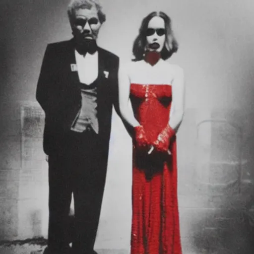 Prompt: a man standing next to a woman on a red carpet, a picture by george manson, tumblr, international gothic, freakshow, hellish background, gothic