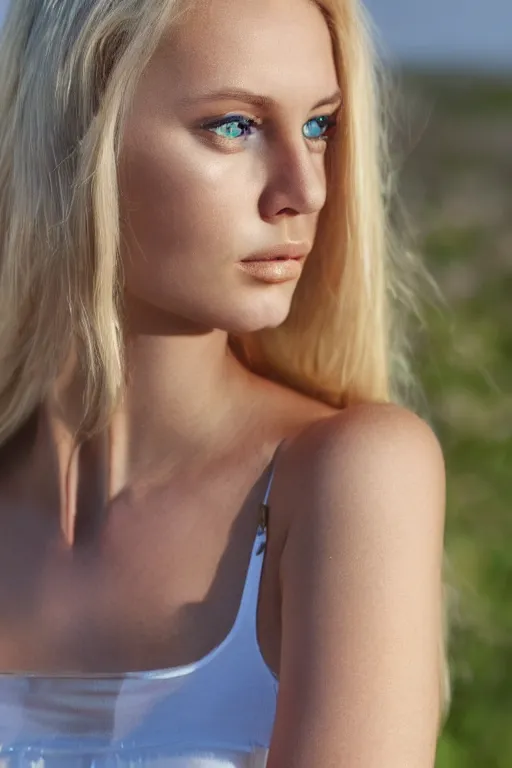 Prompt: olive skinned blonde female model in her twenties, green eyes, wearing a designer top, looking content, focused on her neck, photo realistic, extreme detail skin, natural beauty, no filter, slr, golden hour, 4 k, high definition, selfie