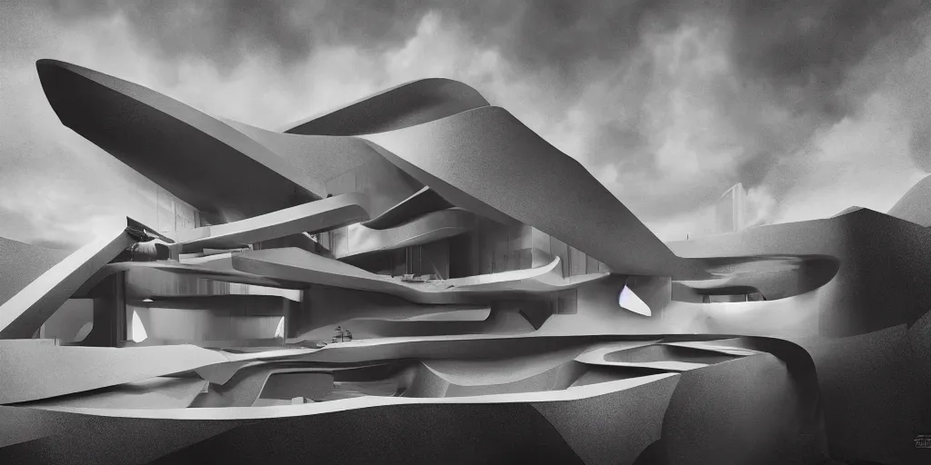 Image similar to Zaha Hadid works and le corbusier works and Mies van der rohe wrok in the same photo inspired by Where weird things happen by Daniele Gay on art station and inspired by Mining by Risa lin on art station