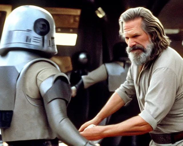 Prompt: Jeff Bridges from The Big Lebowski throwing a bowling ball in the Mos Eisley Cantina in Star Wars