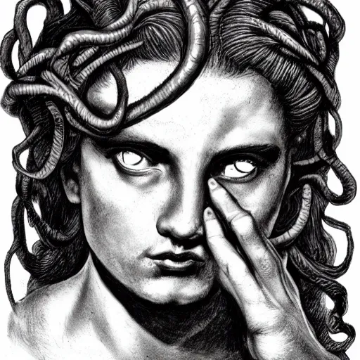 Prompt: sad medusa, chiaroscuro, theatrical, dramatic lighting