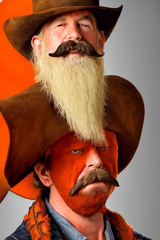 Image similar to hd photograph of cowboy sherrif resembling yosemite sam with huge hat, huge mustache, orange colors