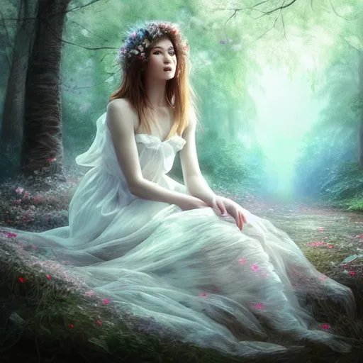 Image similar to a picture of a beautiful woman in a white organza dress and covered in flowers and leaves sitting sitting in an enchanted forest, high fantasy, elegant, epic, detailed, intricate, digital painting, concept art, realistic detailed face, smooth, focus, volumetric light and rim light,