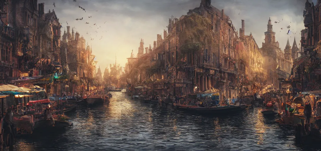 Prompt: cinematic, panorama, fantasy marketplace canal, boats, people, sharp focus, highly detailed, wideshot ultrawide angle epic scale, dynamic dramatic ighting, shadows, cinematic atmosphere, artstation, hyperrealistic 3 d digital art, octane render, 8 k 4 k uhd image