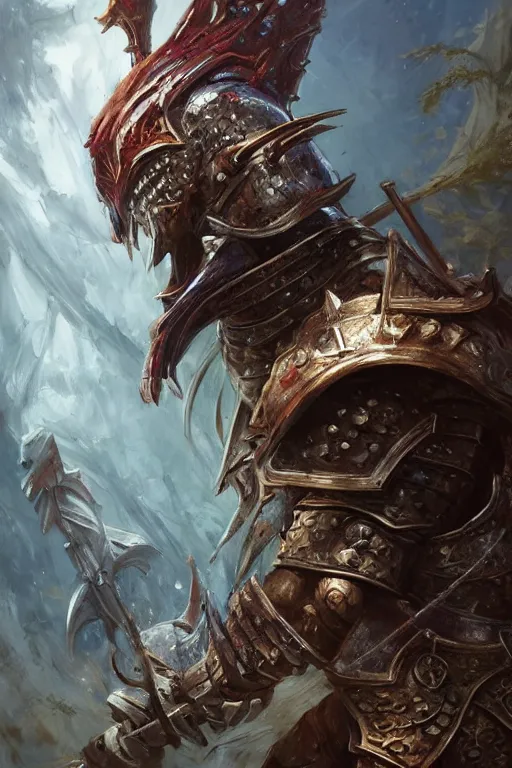 Image similar to Huge fishheaded warrior in armor, portrait, woodlands, magic the gathering artwork, D&D, fantasy, cinematic lighting, centered, symmetrical, highly detailed, digital painting, artstation, concept art, smooth, sharp focus, illustration, volumetric lighting, epic Composition, 8k, art by Akihiko Yoshida and Greg Rutkowski and Craig Mullins, oil painting, cgsociety