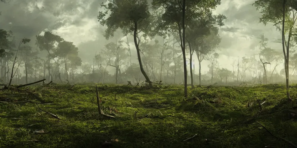 Image similar to abandoned, war-torn clearing, surrounded by lush green vegetation, ground-level view, stunning volumetric lighting, solid concrete, stunning skies, trending on Artstation, 8k, photorealistic, hyper detailed, unreal engine 5, IMAX quality, cinematic, epic lighting