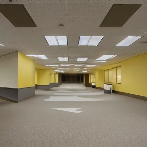 Image similar to sammy sosa lost in huge empty office spaces, walls are light yellow, carpeted floor, liminal, poorly lit,