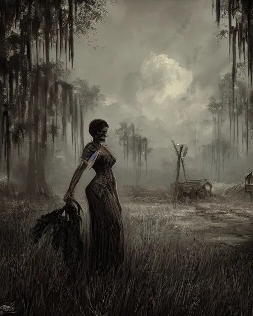 Image similar to portrait of a desperate looking bride, southern gothic scene, louisiana vibes, dark concept art in the style of the videogame Hunt Showdown, digital art, highly detailed, intricate, sharp focus, Trending on Artstation HQ, deviantart, 4K UHD image