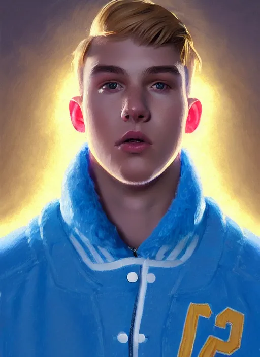 Image similar to portrait of high school senior boy named big moose, blonde short hair, jock, beefy, wide face, square jaw, square facial structure, blue varsity jacket with letter r, intricate, elegant, glowing lights, highly detailed, digital painting, artstation, concept art, sharp focus, illustration, art by wlop, mars ravelo and greg rutkowski