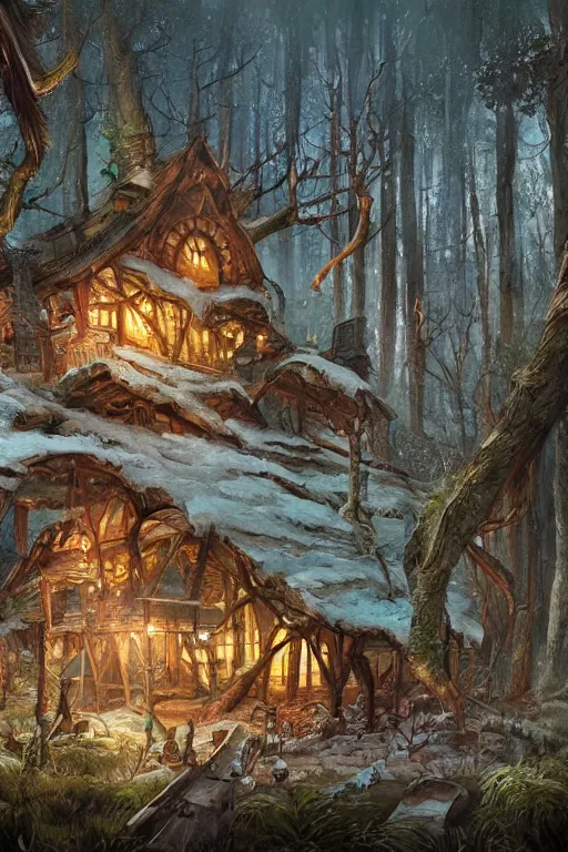 Prompt: a storybook ramshackle multistory hut in the woods, intricate, elegant, fantasy, highly detailed, digital painting, concept art, sharp focus, illustration, artstation, fairytale style