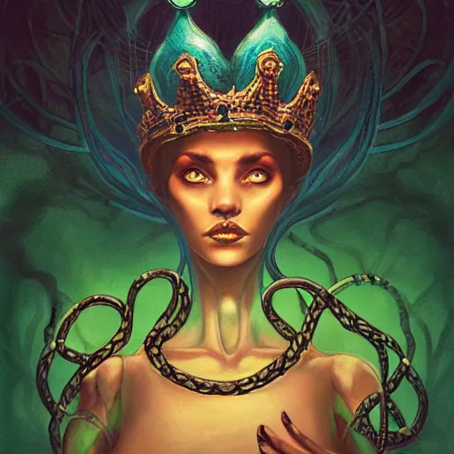 Image similar to portrait of a necromancer queen with a crown of snakes, dark skin, looking up, kneeling, despair, dramatic lighting, blue and green, by Anato Finnstark, Tom Bagshaw, Brom