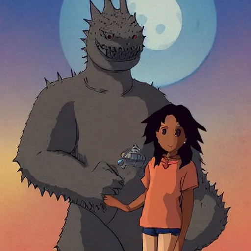 Image similar to Dark skinned girl and Godzilla, Studio Ghibli concept art