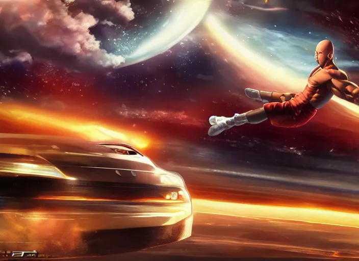 Image similar to landscape, long shot of distant vin diesel as saitama! punching!!! a car!!!!!! into space, hyperrealism, trending on artstation