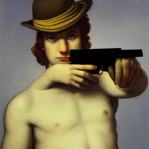 Image similar to a confused young-man weilds a gun by Raphael, Hopper, and Rene Magritte. detailed, romantic, enchanting, trending on artstation.