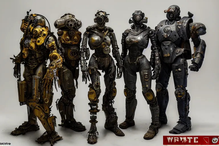 Prompt: photo taken of an epic intricate, ultra detailed, super realistic gritty, hero prop, exquisitely weathered fallout 4 power amour suit movie prop replica's in a row in the workshop, created by weta workshop, full body shot, photorealistic, sharp focus, white wall, cold colour temperture, golden ratio