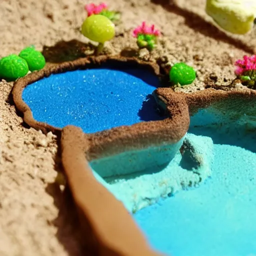 Prompt: a tiny clay pool model full of resin as water, resin and clay art.