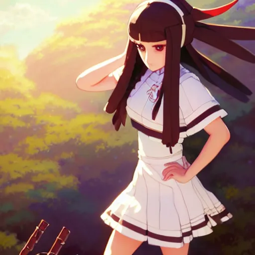 Image similar to a beautiful plus sized natalie portman model, brown skin, wearing catholic school girl outfit with mayan pattern and native style, jrpg aztec street fashion, gapmoe yandere grimdark, trending on pixiv fanbox, painted by greg rutkowski makoto shinkai takashi takeuchi studio ghibli, akihiko yoshida