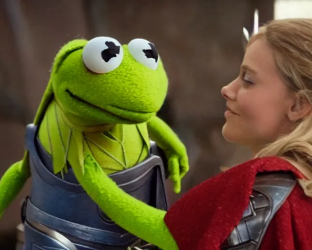 Image similar to a still from the movie Thor: Love and thunder with Kermit the muppet frog playing Thor