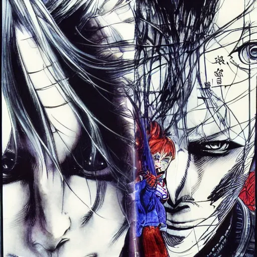 Prompt: Face/off illustrated by Yoshitaka Amano