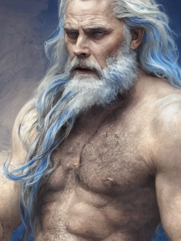 Image similar to painted portrait of rugged odin, god of death, norse god, white hair, masculine, mature, handsome, upper body, blue and silver, muscular, hairy torso, fantasy, intricate, muscular, elegant, highly detailed, digital painting, artstation, concept art, smooth, sharp focus, illustration, art by gaston bussiere and alphonse mucha