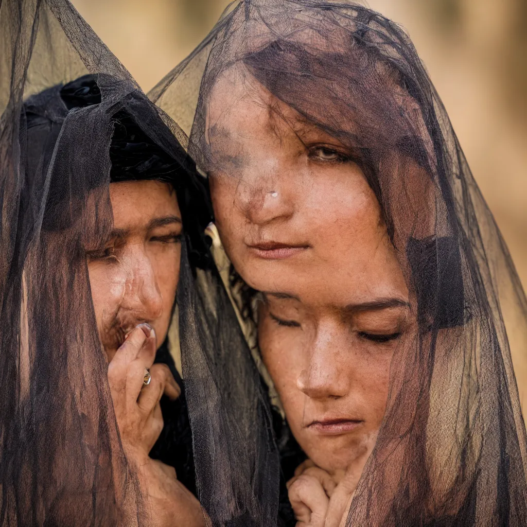 Prompt: highly detailed portrait fashion photography of a sad face gazing at the camera, wearing a velvet widow veil, in autumn, 135mm f5 at the Giza Pyramid