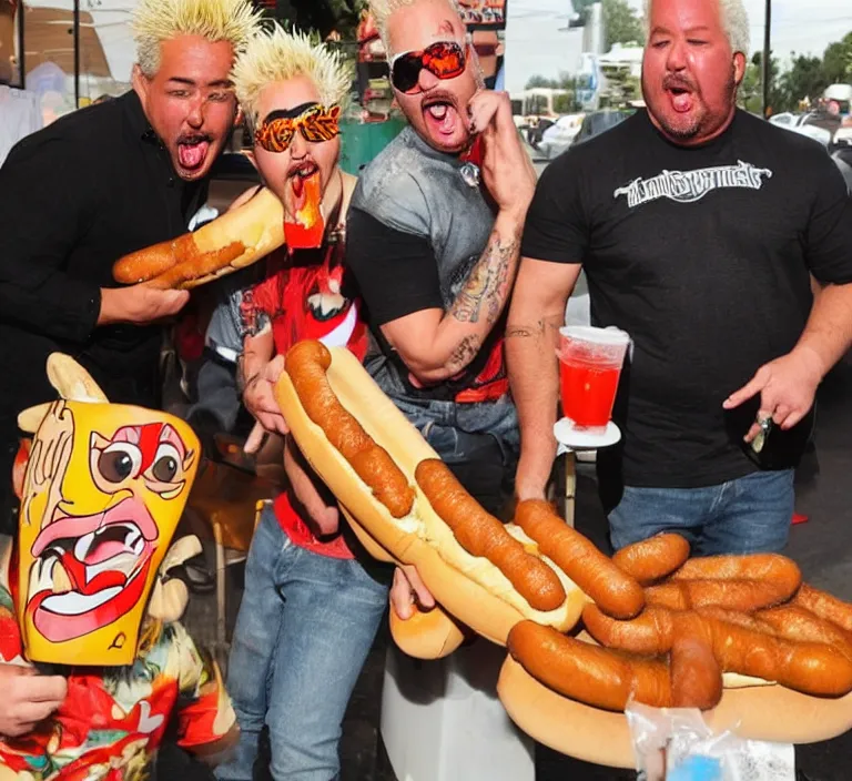 Prompt: man with a hot dog for a head that is taunting guy fieri and another hot dog eating a hotdog, on ketamine