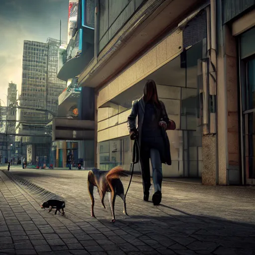 Image similar to Full lenght view contamporary art photography of ultra mega super hyper realistic girl walking with a dog . Photo on Leica Q2 Camera, Rendered in VRAY and DaVinci Resolve and MAXWELL and LUMION 3D, Volumetric natural light. Wearing cyberpunk suit with many details by Hiromasa Ogura .Rendered in VRAY and DaVinci Resolve and MAXWELL and LUMION 3D, Volumetric natural light