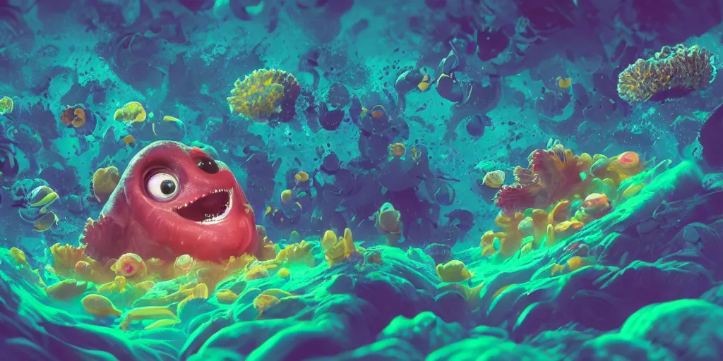 Image similar to of a colorful deep sea under water with strange cute friendly happy creatures with huge eyes, mouth, long tongue and round teeth appearing from sandy coral, in the style of gehry and gaudi, macro lens, shallow depth of field, ultra detailed, digital painting, trending artstation, concept art, illustration, cinematic lighting, photorealism, epic, octane render