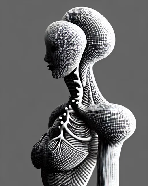 Image similar to a black and white 3D render of an elegant full figure young female angelic-dragon-cyborg with a very long neck, Mandelbrot fractal, anatomical, flesh, facial muscles, veins, arteries, full frame, microscopic, highly detailed, flesh ornate, elegant, high fashion, rim light, 150 mm lens, octane render in the style of H.R. Giger and Man Ray, Realistic, Refined, Digital Art, Highly Detailed, Cinematic Lighting, rim light, photo-realistic Unreal Engine, 8K