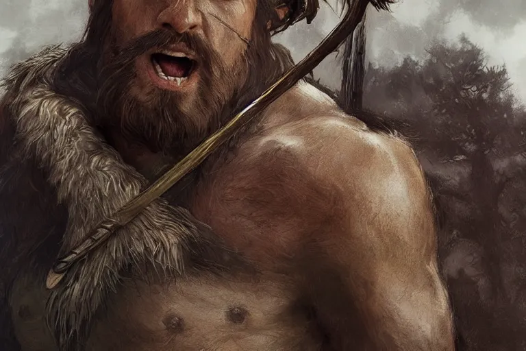 Image similar to photorealistic full body portrait of a gruff ranger with a spear, lean and toned, handsome face, hairy chest and hairy body, D&D, intricate, elegant, highly detailed, digital painting, artstation, concept art, matte, sharp focus, chiaroscuro, well list, illustration, art by Artgerm and Greg Rutkowski and Alphonse Mucha
