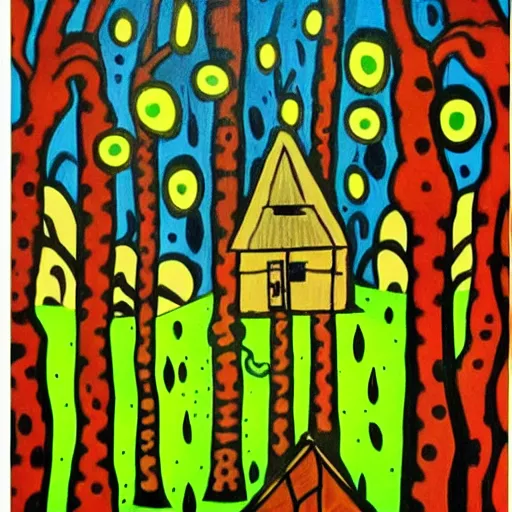 Image similar to a painting of a eerie cabin in the middle of the woods in the style of yayoi kusama