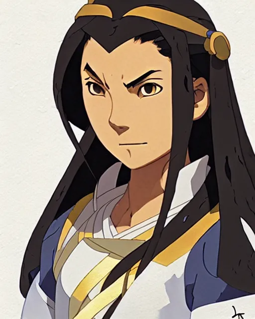 Image similar to katara from avatar as an azctec warrior, detailed perfect face, exquisite details, fire magic, mid view, design on a white background, by studio muti, greg rutkowski makoto shinkai takashi takeuchi studio ghibli