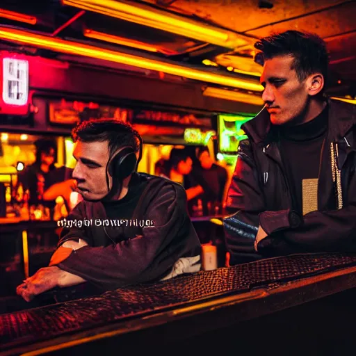 Prompt: photograph of retro techwear people loitering near the bar of a packed busy rundown nightclub, retrofuturism, brutalism, cyberpunk, sigma 85mm f/1.4, 35mm, 4k, depth of field, high resolution, 4k, 8k, hd, highly detailed, full color