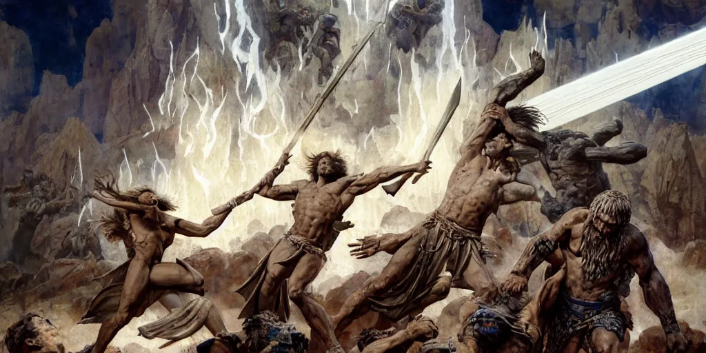 Prompt: realistic mixed media painting of biblical Cain throwing the holy lance at Abel in front of a stone altar with white smoke ascending, masculine and rugged, inspired art by P. Craig Russell and Barry Windsor-Smith and Frazetta + perfect facial symmetry + dim volumetric lighting, 8k octane beautifully detailed render, post-processing, extremely hyperdetailed, intricate, epic composition, grim yet sparkling atmosphere, cinematic lighting + masterpiece, trending on artstation, very detailed, masterpiece, stunning