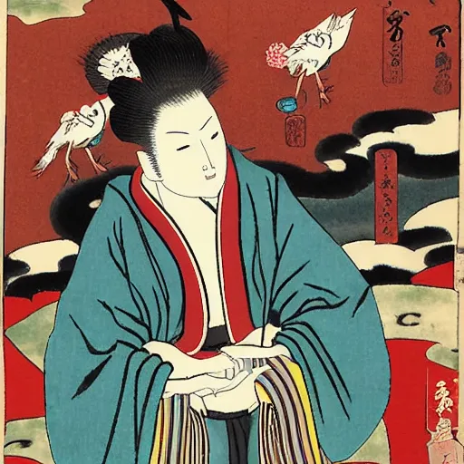 Prompt: urban fantasy ukiyo-e portrait of the androgynous deity of hospitality, wearing a kimono painted with cranes, performing chadō