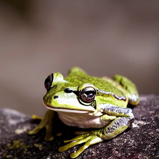 Image similar to closeup of a frog sitting on a stone in a forest, wildlife photography