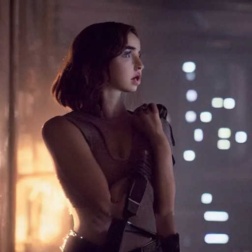 Image similar to a movie still of ana de armas as rachael n blade runner