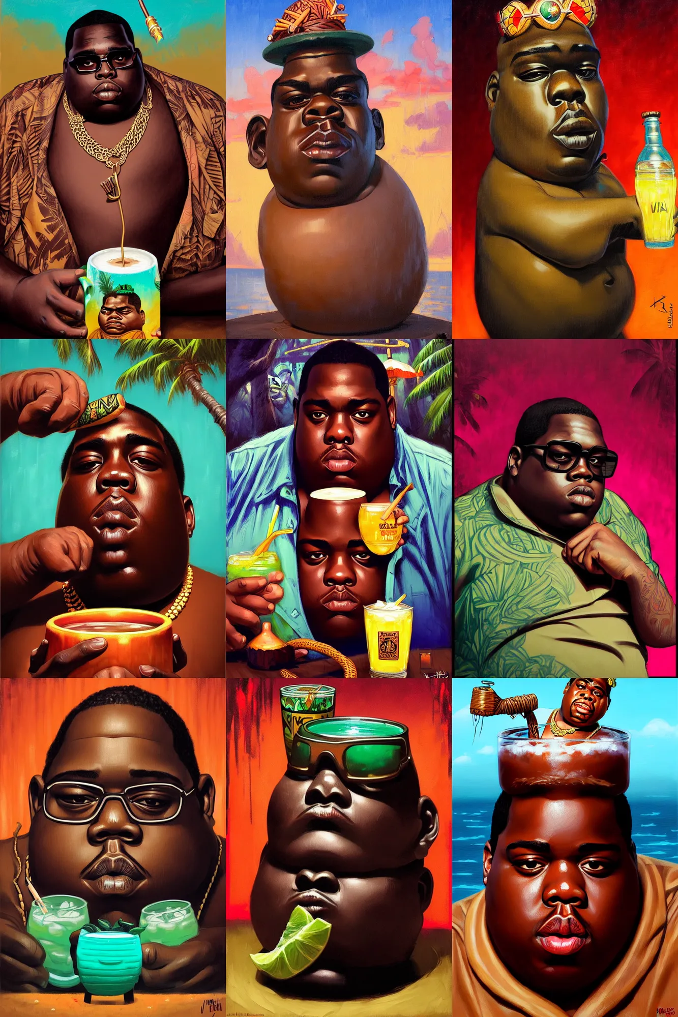 Prompt: the notorious b. i. g. as a trader vic's tiki mug at a tiki bar, shaded lighting poster by magali villeneuve, artgerm, jeremy lipkin and michael garmash, rob rey and kentaro miura style, trending on art station