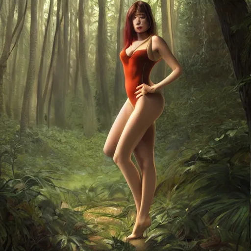 Image similar to full body portrait of a female wearing a skintight dress in a forest, large thighs, perfect face, intricate, elegant, highly detailed, digital painting, artstation, smooth, sharp focus, illustration, art by artgerm and greg rutkowski and alphonse mucha, 8 k