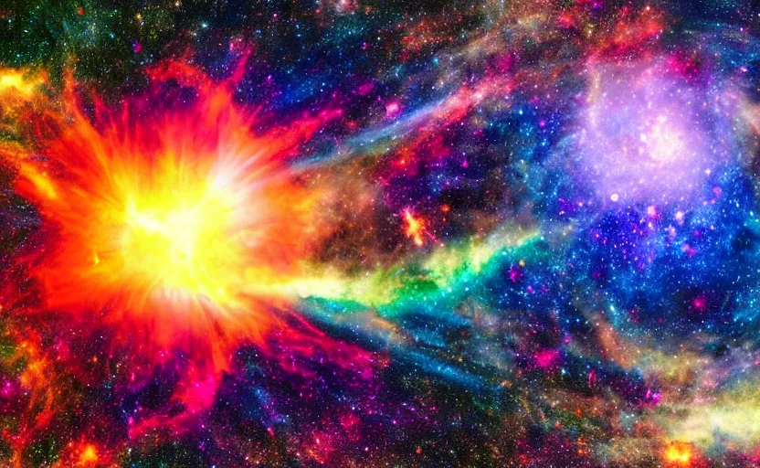 Prompt: A view across a sea of stars, cosmic colors, supernova explosion in the sky, fantastic, magical