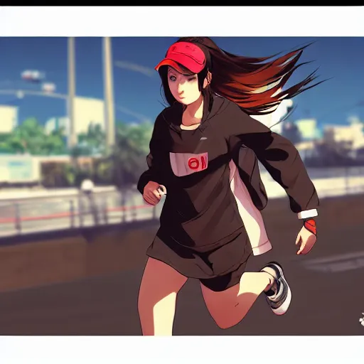 Prompt: anime style, gta 5, girl is running, happy face, red sport clothing, marathon race, brown short hair, hair down, symmetrical facial features, from arknights, hyper realistic, rule of thirds, extreme detail, 4 k drawing, safebooru, realistic lighting, by alphonse mucha, greg rutkowski, sharp focus, backlit