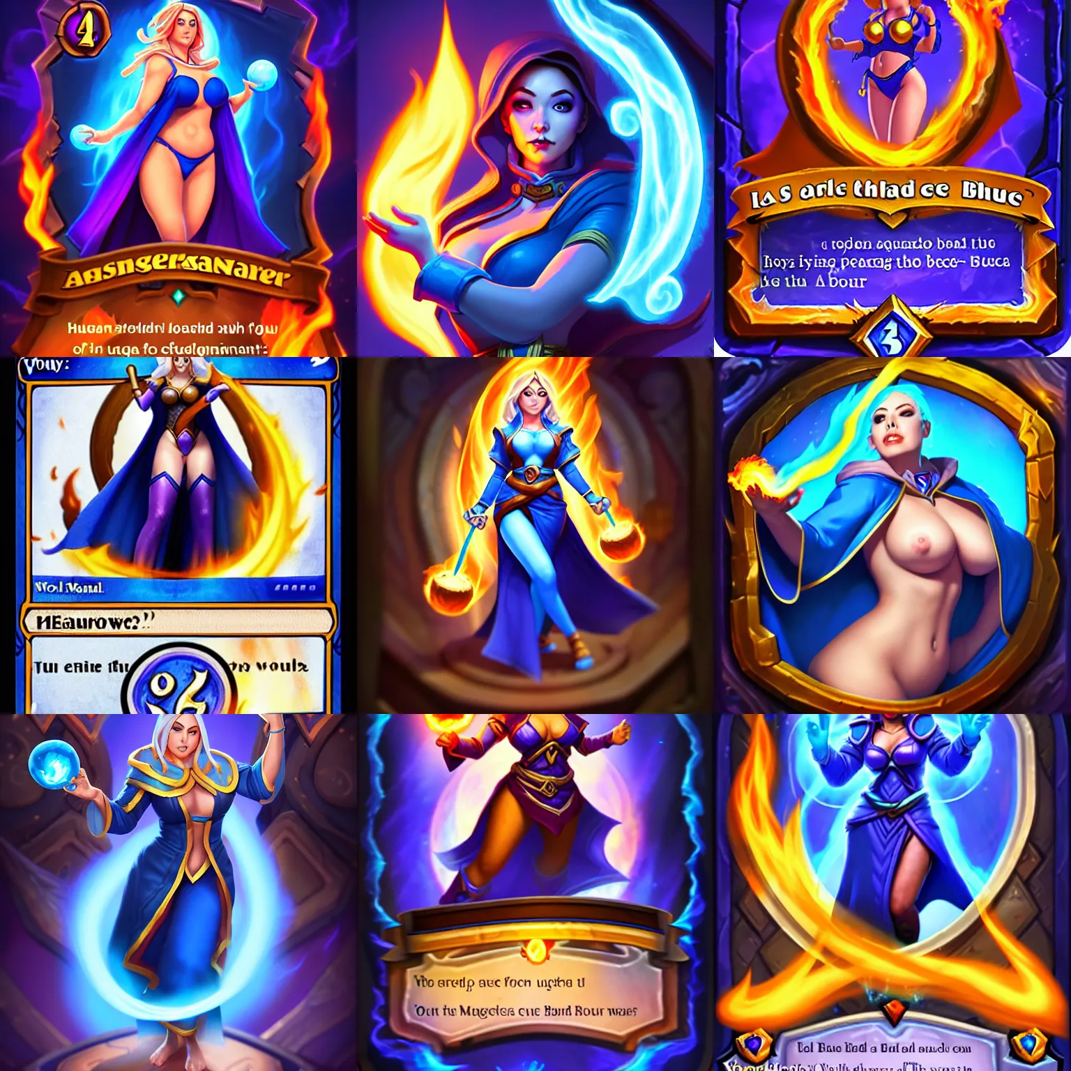 Prompt: Who : a female mage with a blue robe casting a fire ball ; Body type : voluptious hourglass body ; Head : Beautiful face ; IMPORTANT : Hearthstone official splash art, award winning, trending