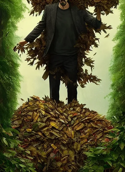 Image similar to highly detailed comedy caper movie poster with silly wacky zany keanu reeves as a sentient pile of leaves, keanu reeves green face as a sentient leafy bush by greg rutkowski, masterpiece, really funny, 1 0 / 1 0 comedy