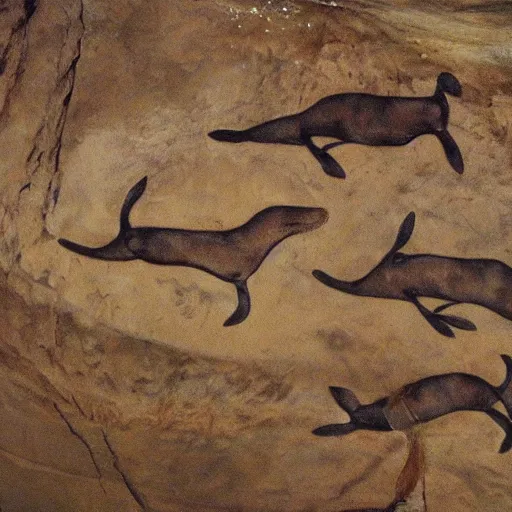 Image similar to seals being hunted by men, prehistoric cave painting