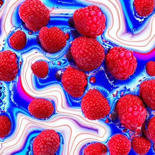 Image similar to raspberry, blueberry, vanilla smoothie explosion, intricate complexity, neon red white and blue drip paint, psychedelic glitch art, trending on art station, photoreal, 8 k, octane render