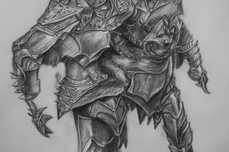 Image similar to a pencil drawing of a wolf, full body, D&D, armor, made by by Pen Tacula