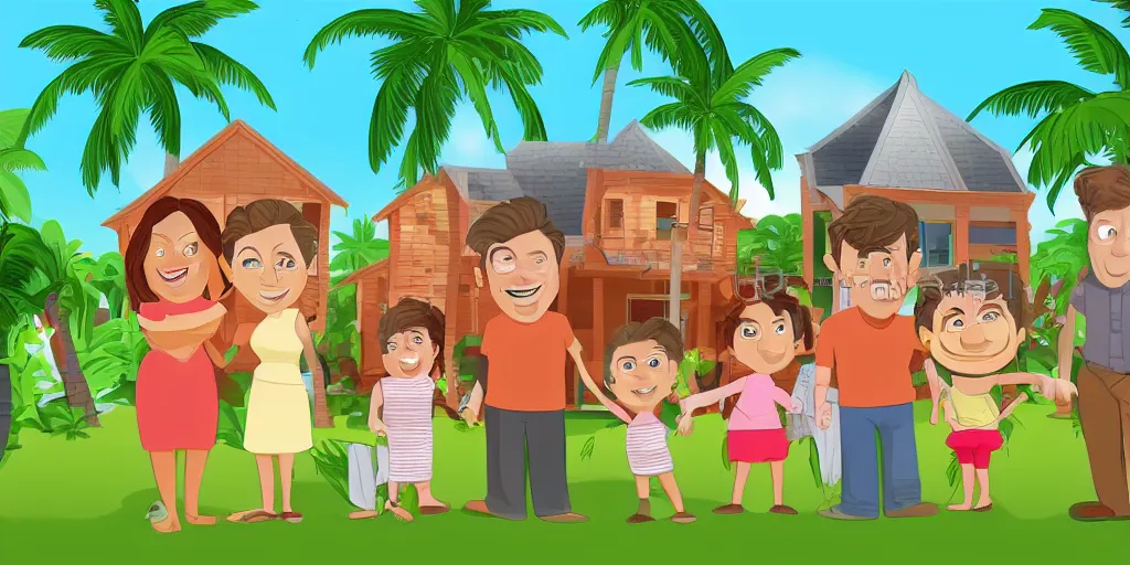 Prompt: you can build a big house for the family,, silly, coconut, cartoon,