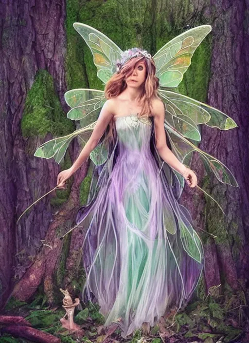 Image similar to beautiful beautiful full body portrait fairy faerie fey fae queen standing in forest highly detailed subtle enchanting alluring magic