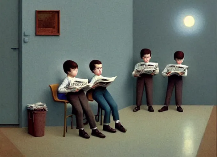 Prompt: a very boring day in school, kids faced away, all wearing identical clothes and reading newspapers, painting by quint buchholz and ray caesar, muted colors, gray, dull, boring, low energy, pale blue faces, very detailed, very coherent
